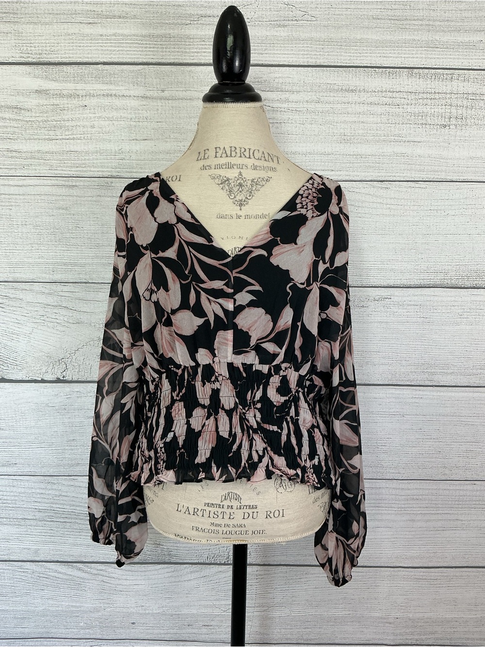 Banana Republic Floral V-Neck Smocked Waist Blouse - Black & Blush BNWT